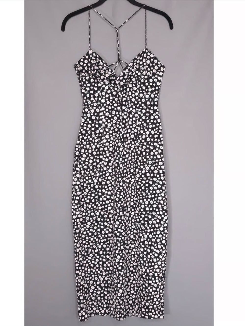Zara Floral Spaghetti-Strap Midi Dress in Black and White Size Medium NWT - Picture 5 of 10